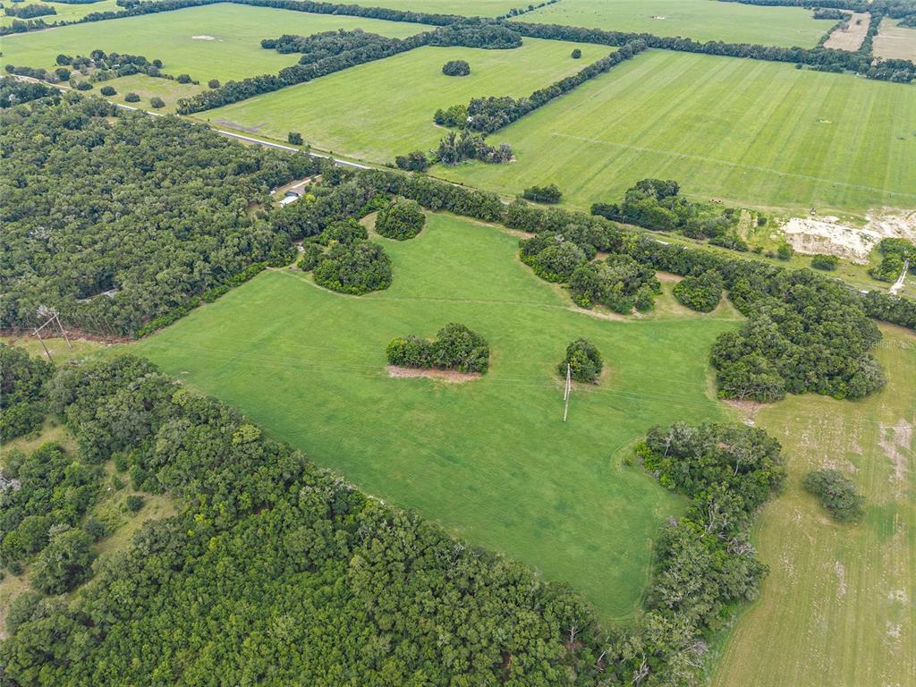 An aerial view shows a large, grassy pasture surrounded by dense forest and rural land — TBD NW STATE ROAD 27/45, NEWBERRY, FL