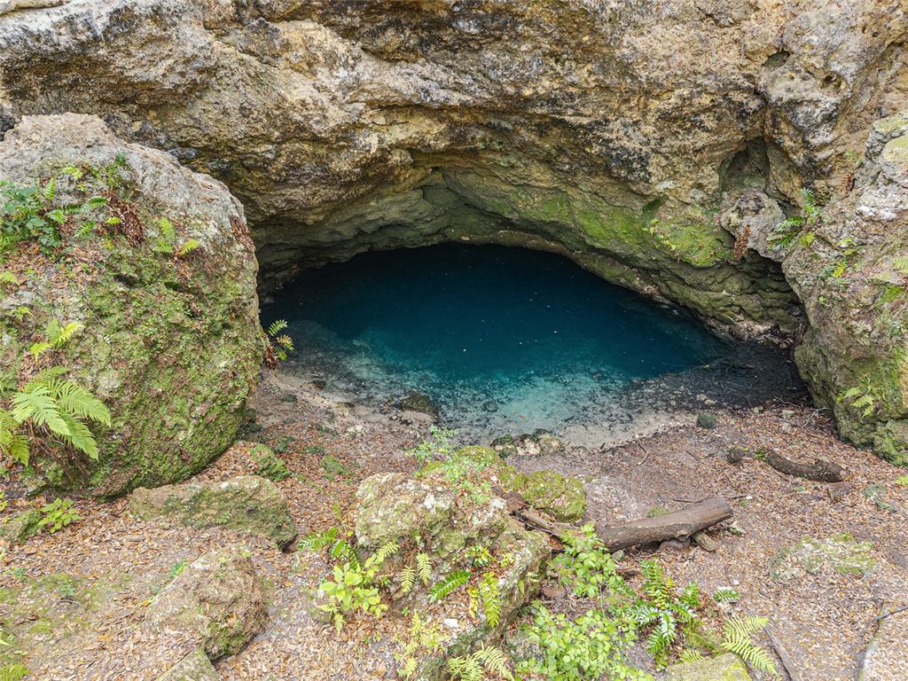 A natural limestone sinkhole features a deep blue pool of water surrounded by rocky terrain — TBD NW STATE ROAD 27/45, NEWBERRY, FL
