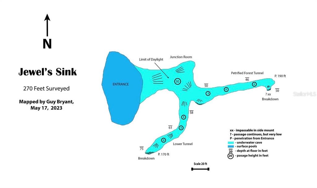 This is a cave map of Jewel's Sink showing underwater tunnels, depths, and passage heights — TBD NW STATE ROAD 27/45, NEWBERRY, FL