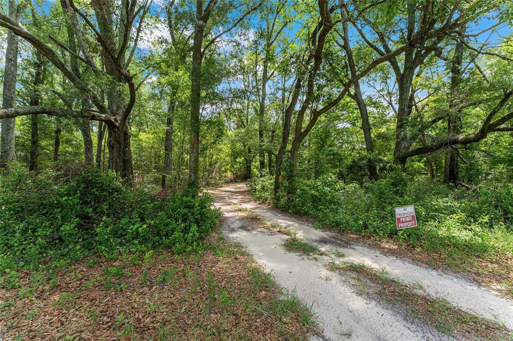 A dirt path leads into a wooded area with a no trespassing sign on the right — TBD NW STATE ROAD 27/45, NEWBERRY, FL