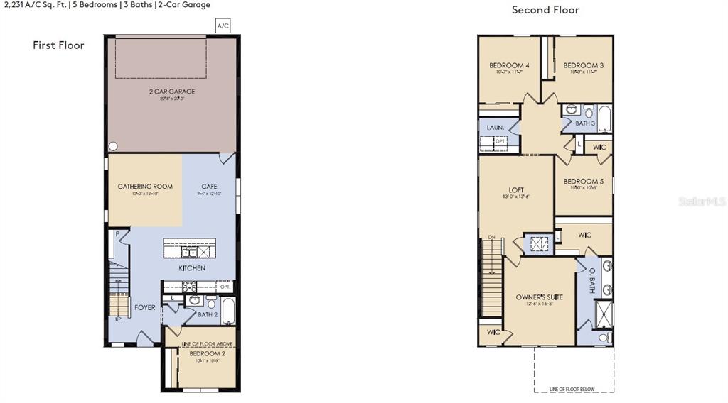 This is a two-story residential floor plan featuring five bedrooms, three bathrooms, and a garage — 6838 CREEK FALLS ALLEY, CLERMONT, FL