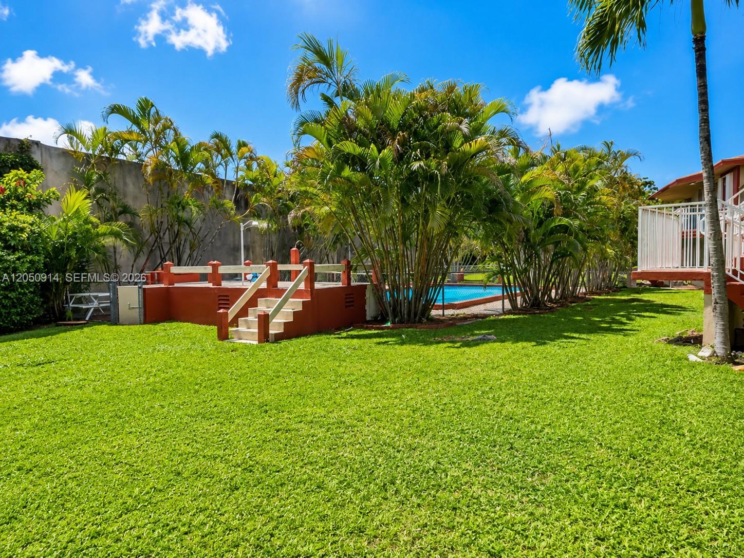 A grassy backyard features a raised pool deck with stairs and surrounding palm trees — HOLLYWOOD, FL
