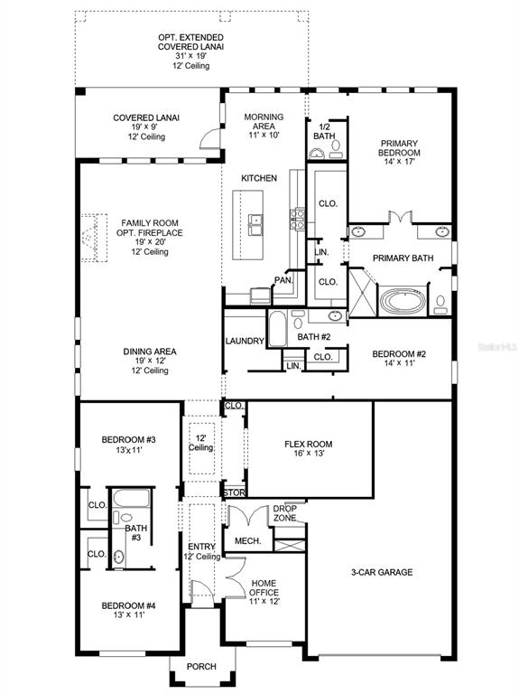 This is a floor plan for a single-story house with four bedrooms and a garage — 13098 CAMELOT LANE, PUNTA GORDA, FL