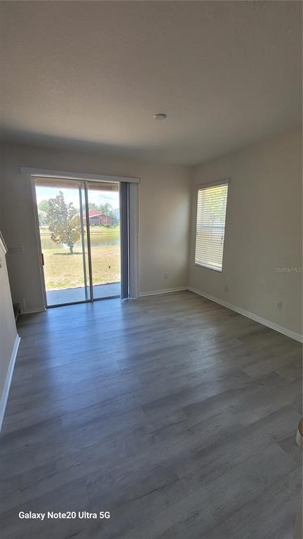 An empty living room features light wood-look flooring, a sliding glass door, and a window — 7005 TOWERING SPRUCE DRIVE, RIVERVIEW, FL