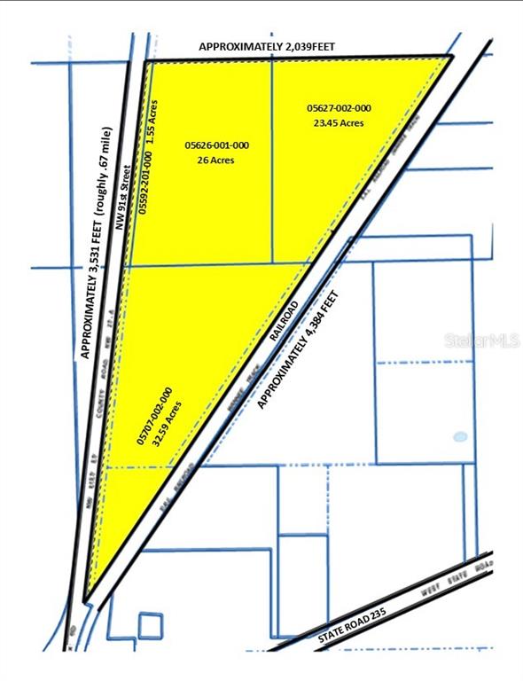 This is a property map showing four adjacent land parcels highlighted in yellow — TBD NW 91ST STREET, ALACHUA, FL