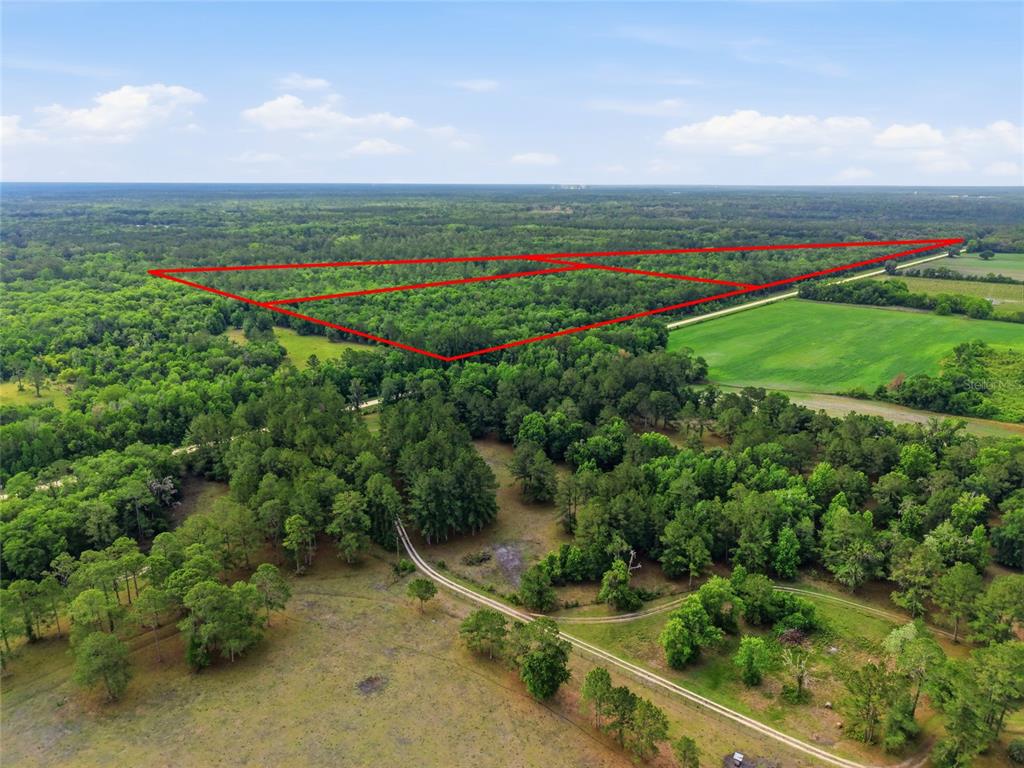 An aerial view shows a large, wooded plot of land outlined in red — TBD NW 91ST STREET, ALACHUA, FL