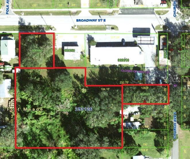 This is an aerial map showing property boundaries and parcel numbers in a residential area — S CHURCH AVENUE S, FORT MEADE, FL