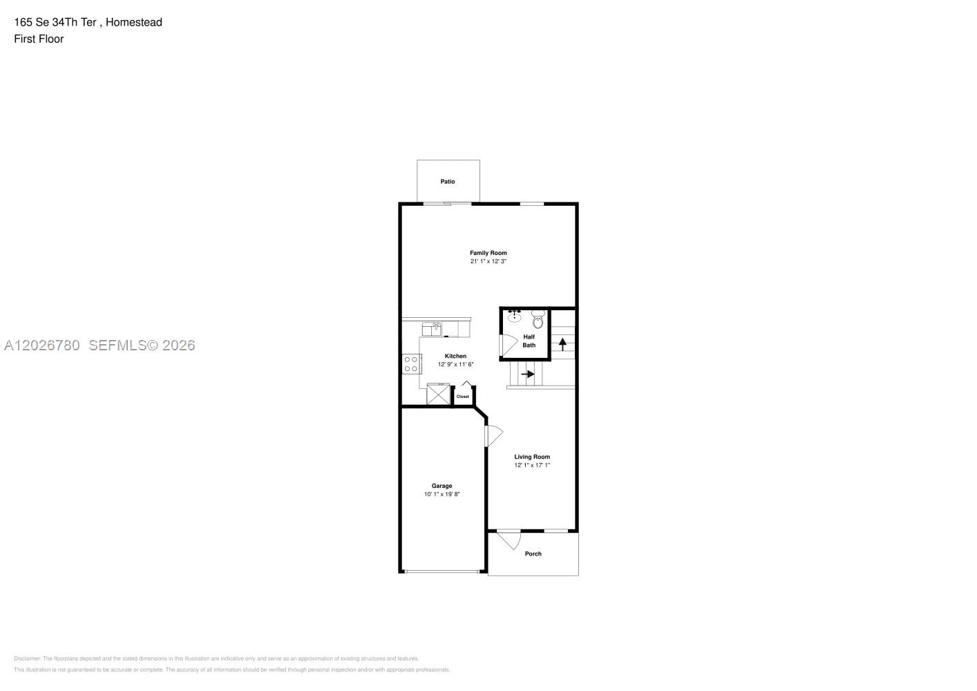 This is a floor plan of the first level of a residential home — HOMESTEAD, FL