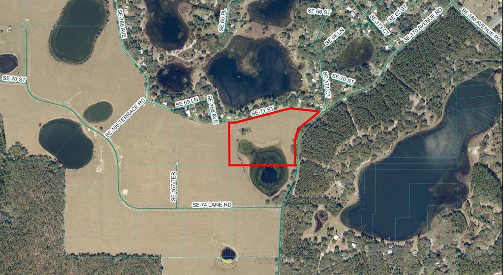 An aerial map shows a parcel of land outlined in red near several small lakes — TBD SE 170 AVE ROAD UNIT Tract A, OCKLAWAHA, FL