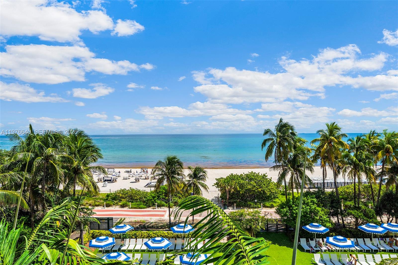 An elevated view of a beach with palm trees, lounge chairs, and blue umbrellas — 4391 Collins Ave # 410, Miami Beach FL 33140, MIAMI BEACH, FL