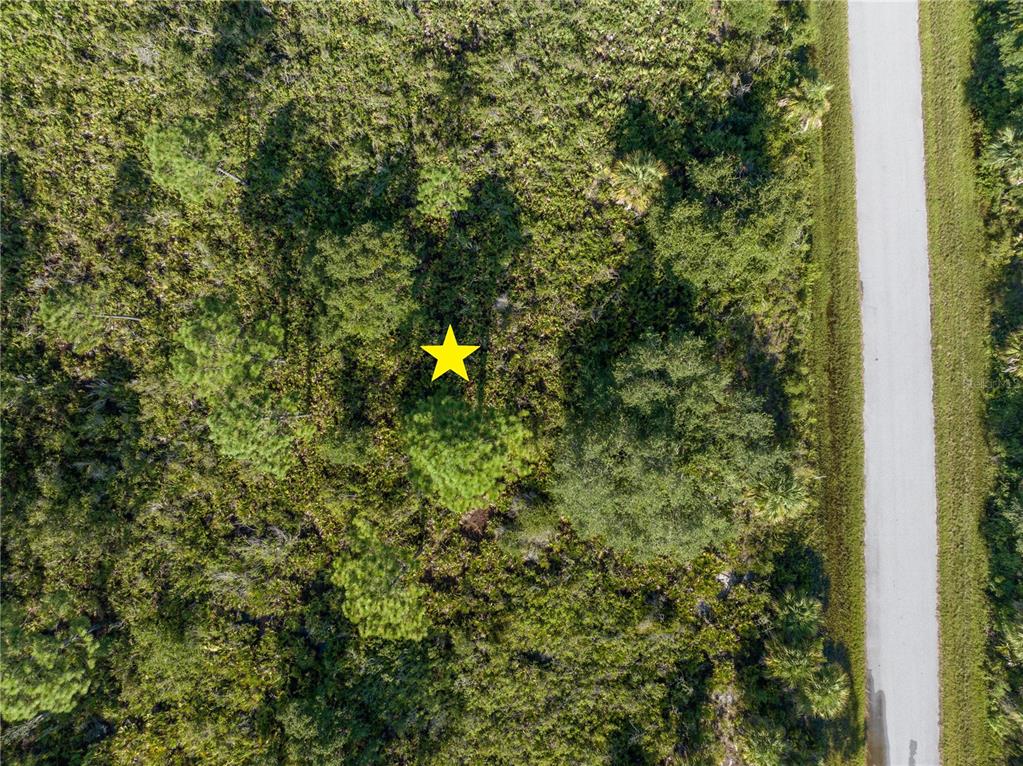 An aerial view shows a yellow star marking a wooded lot next to a road — 13211 CHIMINIELLO DRIVE, PORT CHARLOTTE, FL