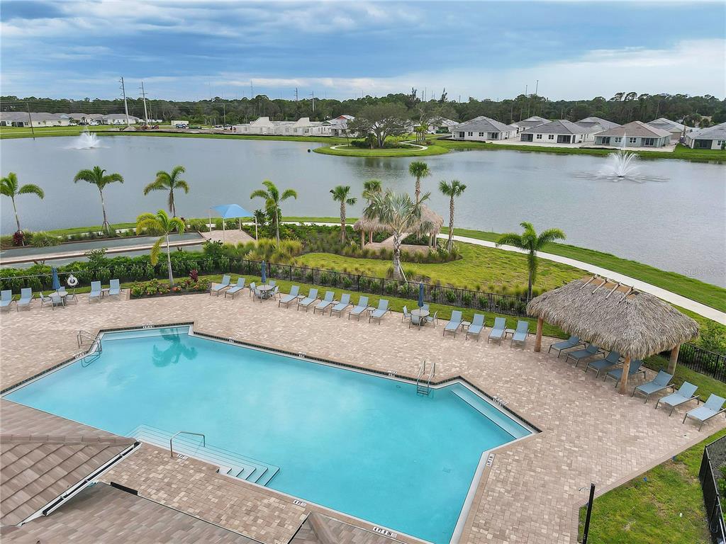 An aerial view of a swimming pool with lounge chairs and a tiki hut — 305 IBIZA LOOP, VENICE, FL