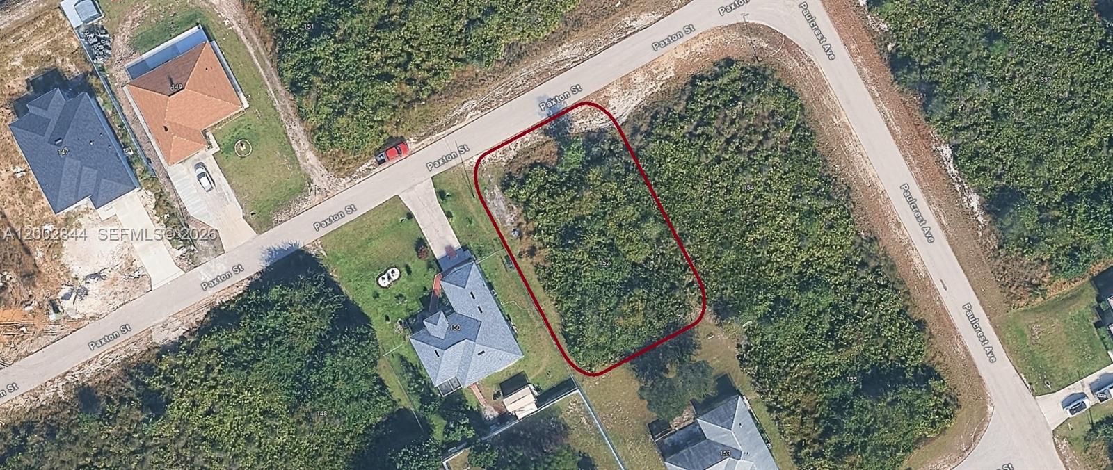 This is an aerial map view of a vacant, rectangular residential lot — 152 Paxton St, Lehigh Acres FL 33974, LEHIGH ACRES, FL