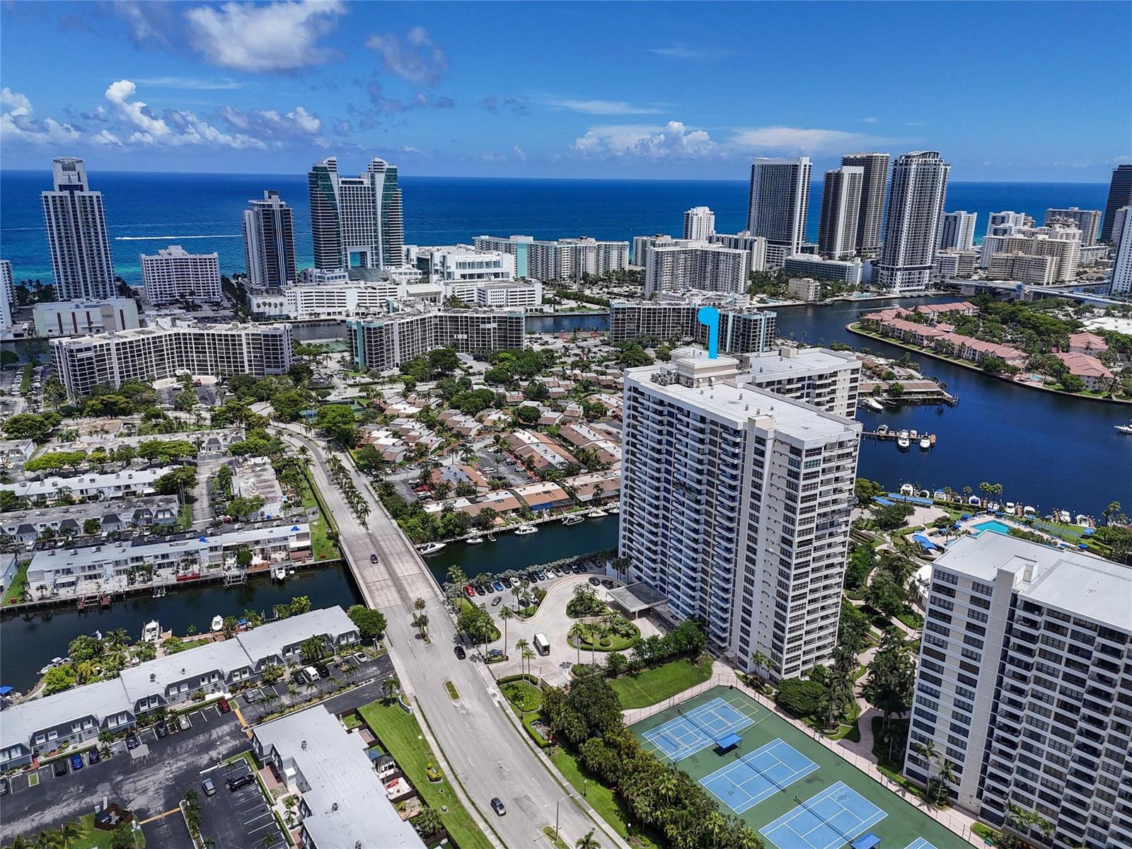 An aerial view of a high-rise apartment building near a canal and the ocean — 2500 PARKVIEW Drive # 1710, Hallandale Beach FL 33009, HALLANDALE BEACH, FL