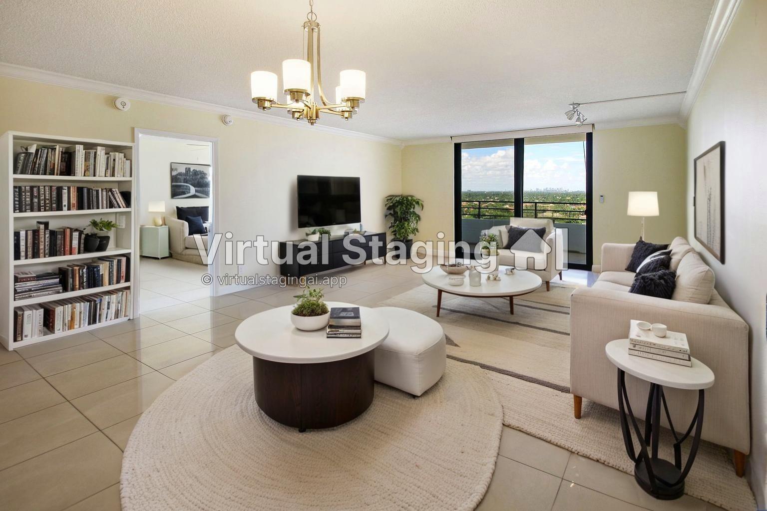 This living room features a white bookshelf, a beige sofa, and a balcony with views — 2500 PARKVIEW Drive # 1710, Hallandale Beach FL 33009, HALLANDALE BEACH, FL