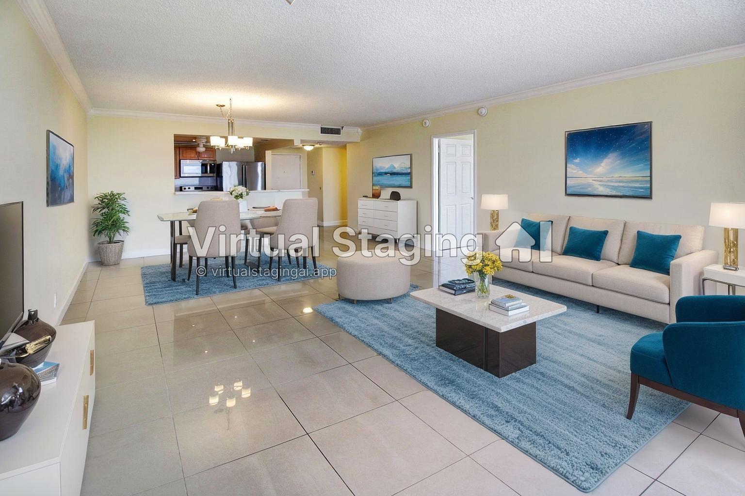 This is a virtually staged living and dining room with tile floors and neutral walls — 2500 PARKVIEW Drive # 1710, Hallandale Beach FL 33009, HALLANDALE BEACH, FL