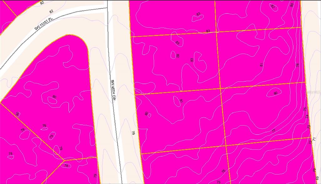 This is a topographic map showing property lines and elevation contours for a residential area — TBD SW 46TH CIRCLE, OCALA, FL