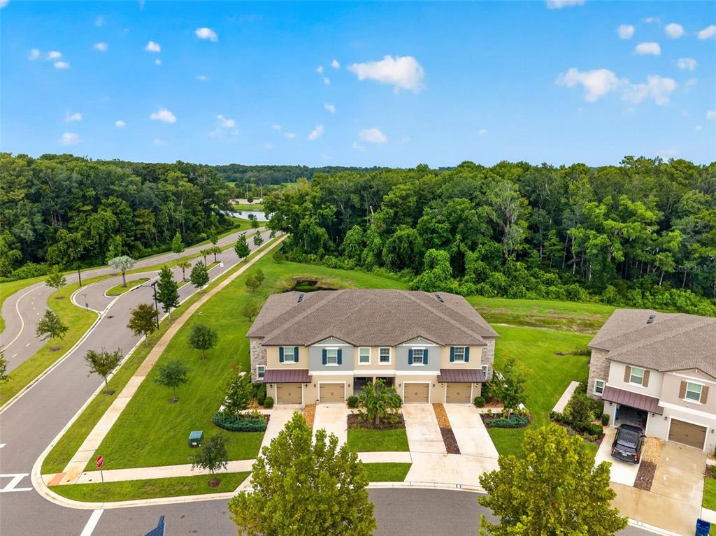 An aerial view shows two multi-story townhomes with attached garages situated near a road and woods — 17474 NECTAR FLUME DRIVE, LAND O LAKES, FL