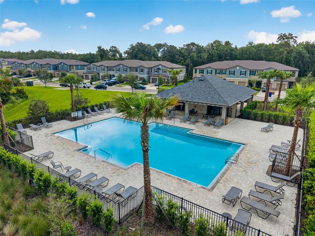 An aerial view of a community swimming pool with lounge chairs and a covered pavilion — 17474 NECTAR FLUME DRIVE, LAND O LAKES, FL