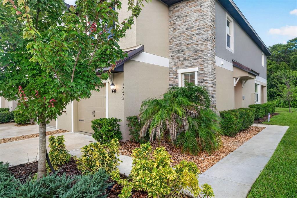 A two-story townhouse exterior with a stone facade, a garage, and landscaped front yard — 17474 NECTAR FLUME DRIVE, LAND O LAKES, FL