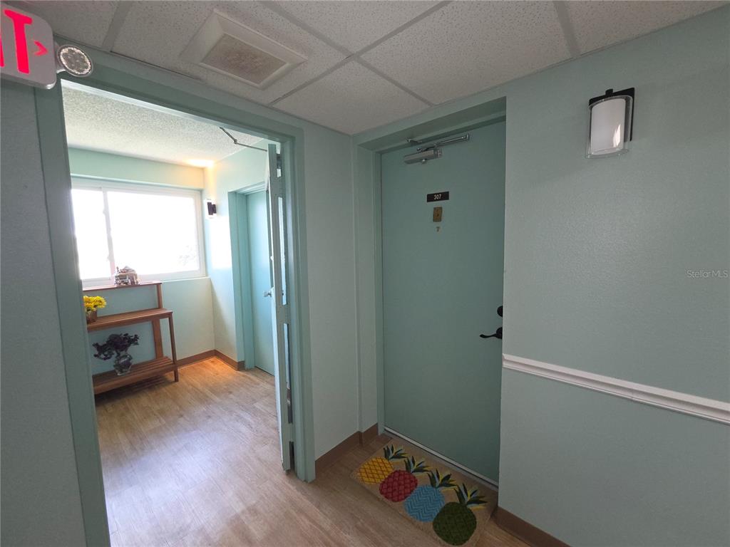 An interior hallway features light blue walls, wood-look flooring, and a door labeled 307 — 21260 BRINSON AVENUE UNIT 307, PORT CHARLOTTE, FL