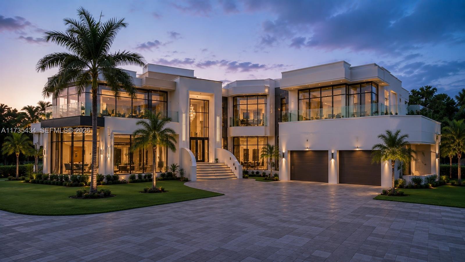 A modern two-story luxury mansion with large glass windows, a palm-lined lawn, and paved driveway — 48 Sw Ct, Miramar FL 33027, MIRAMAR, FL