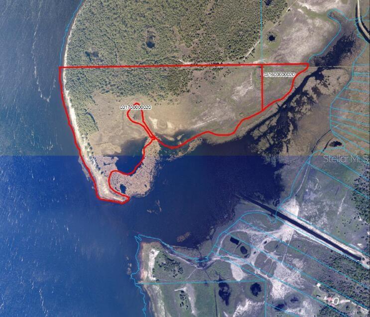 An aerial map shows a large, irregularly shaped waterfront property outlined in red — LAKE HARNEY WOODS BOULEVARD, OSTEEN, FL