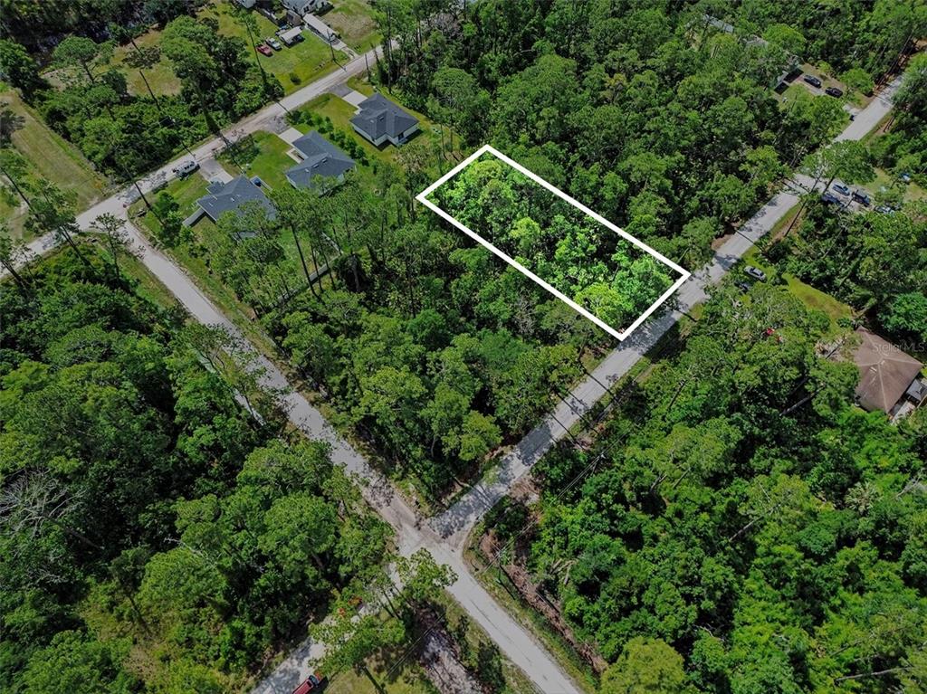 An aerial view shows a rectangular, wooded vacant lot outlined in white near a road — 1465 EAST PARKWAY, DELAND, FL