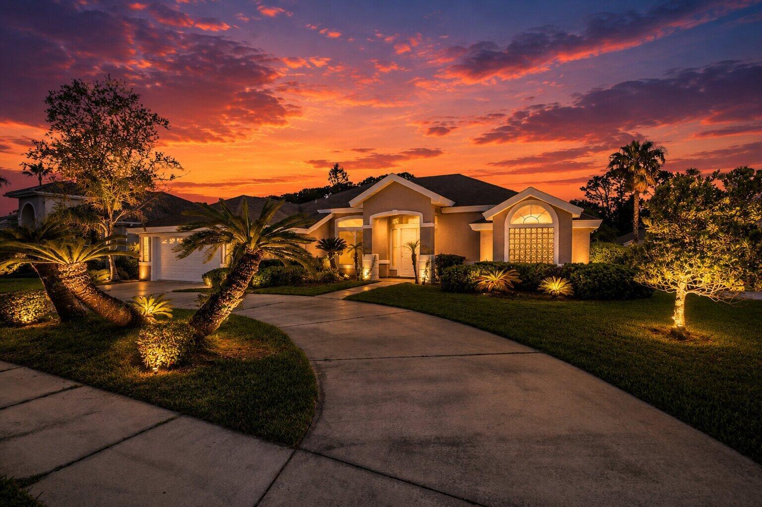 A single-story house with a concrete driveway and landscape lighting under a vibrant sunset sky — 2911 Cypress Ridge Trail, Port Orange FL 32128, PORT ORANGE, FL