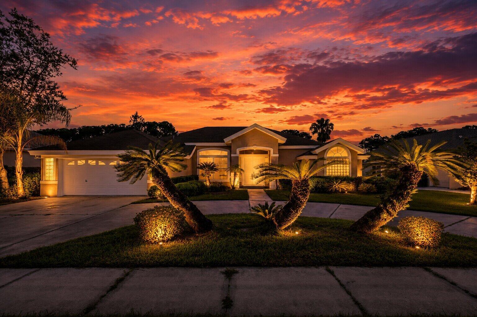 A single-story house with a driveway and palm trees under a vibrant sunset sky — 2911 Cypress Ridge Trail, Port Orange FL 32128, PORT ORANGE, FL