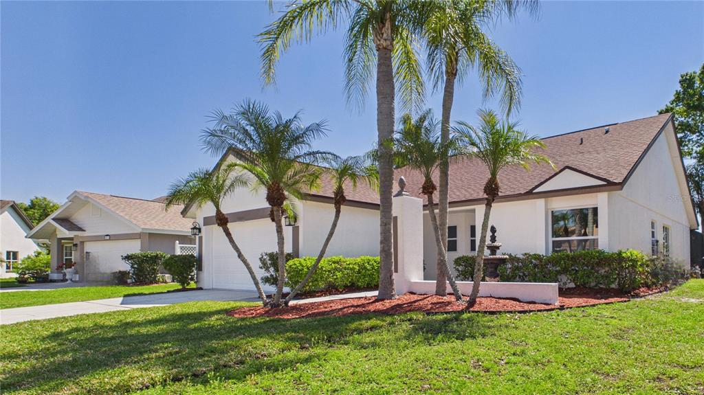 A single-story house with a white stucco exterior, a two-car garage, and several palm trees — 8609 BOYSENBERRY DRIVE, TAMPA, FL