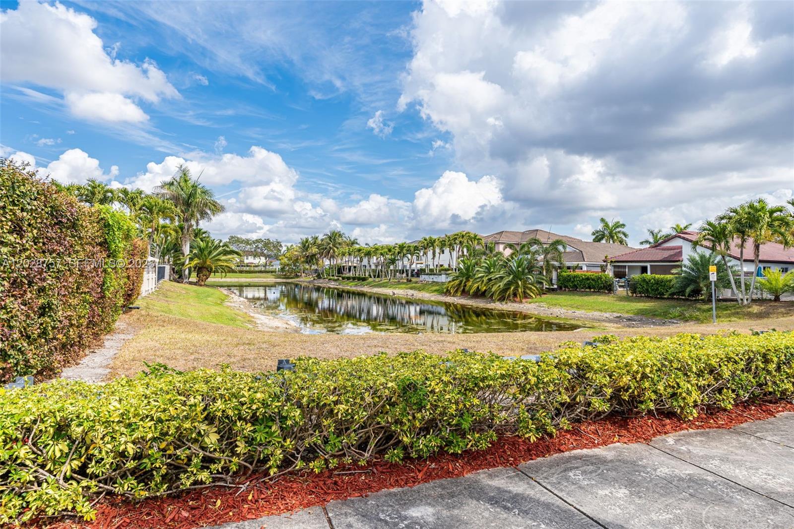 A view of a pond surrounded by palm trees and houses under a cloudy sky — 16610 SW 57th Ln, Miami FL 33193, MIAMI, FL