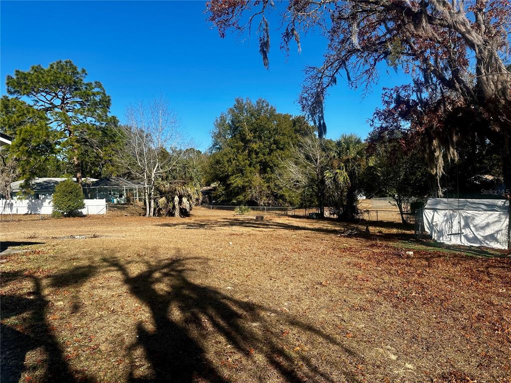 A large, dry, grassy backyard features mature trees, a white fence, and a covered structure — 606 WATER ROAD, OCALA, FL