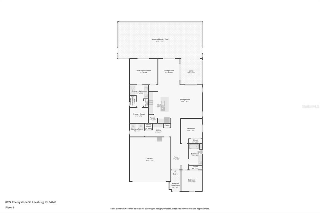 This is a floor plan for a single-story residential home with a garage and pool — 8077 CHERRYSTONE STREET, LEESBURG, FL
