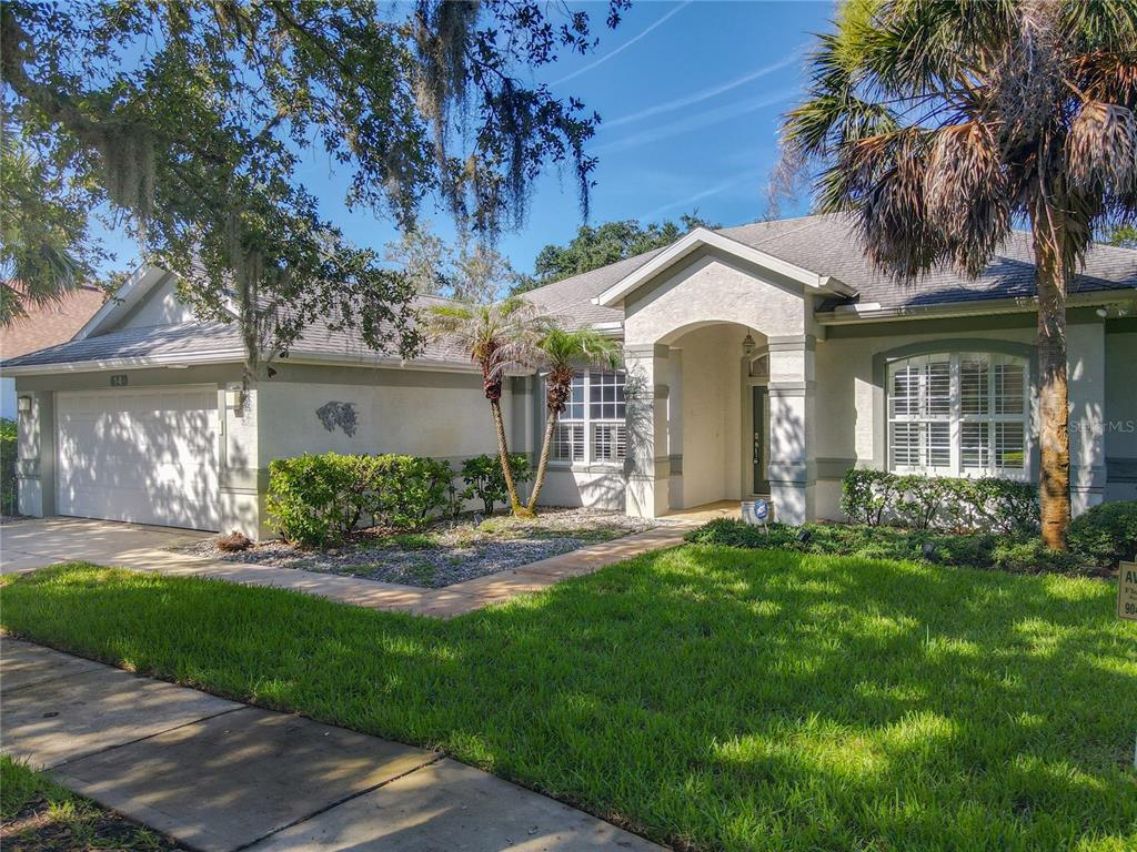 A single-story house with a white stucco exterior, a two-car garage, and a palm tree — 14 EGRET DRIVE, PALM COAST, FL