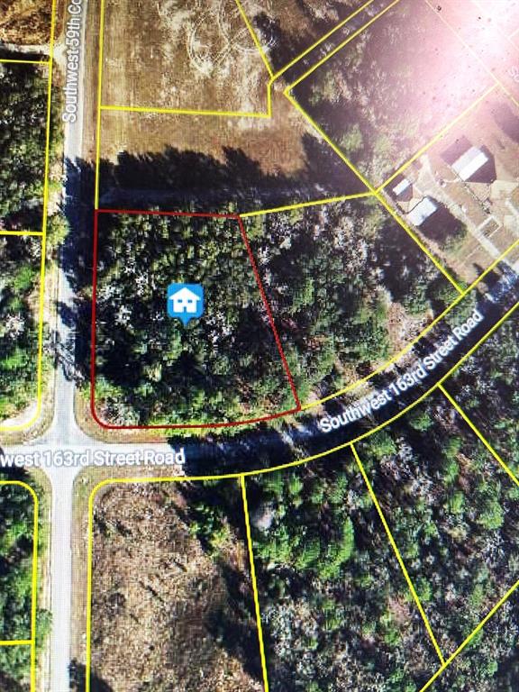 An aerial map shows a wooded, rectangular lot outlined in red at a road intersection — 0 SW 163RD STREET ROAD, OCALA, FL