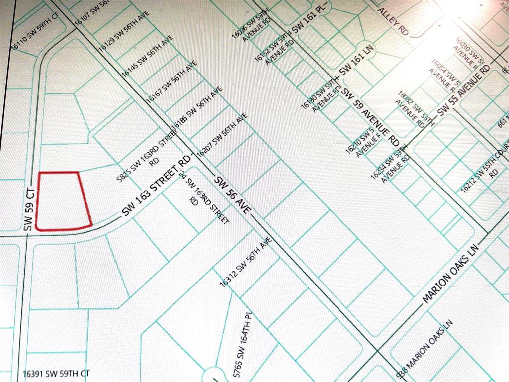 This is a map showing a highlighted parcel of land near several residential streets — 0 SW 163RD STREET ROAD, OCALA, FL