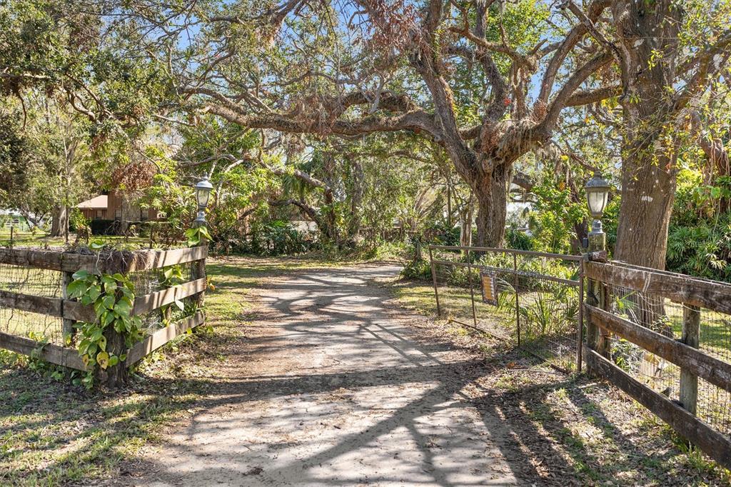 A dirt driveway leads through a wooden gate framed by large, moss-draped oak trees — 8725 ERIE LANE, PARRISH, FL