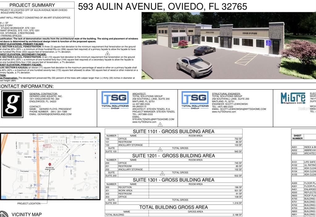 This image is a project summary document containing architectural project details, contact information, and a site map — 593 AULIN AVENUE, OVIEDO, FL
