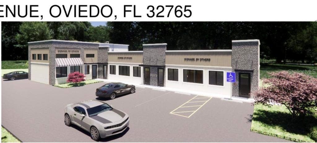 This is a digital rendering of a modern, single-story commercial building with a parking lot — 593 AULIN AVENUE, OVIEDO, FL