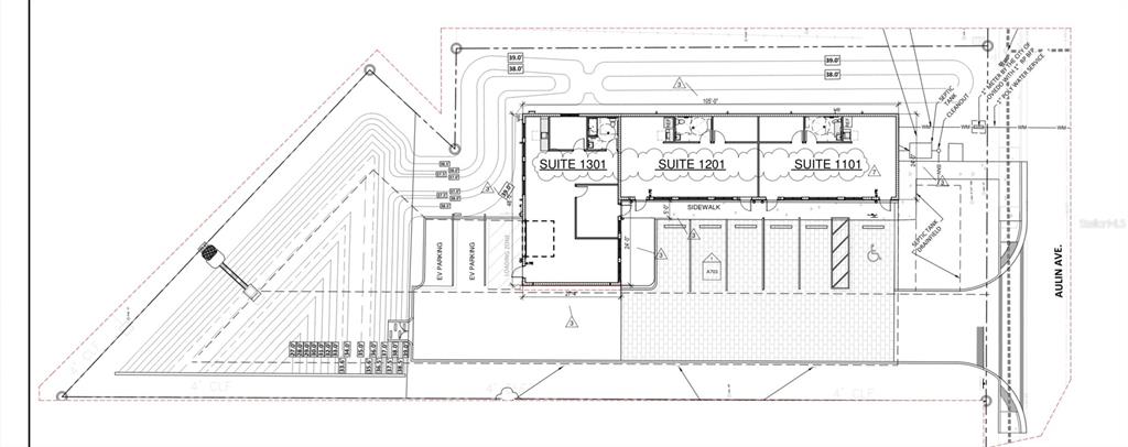 This is a site plan rendering showing a commercial building with three suites and parking — 593 AULIN AVENUE, OVIEDO, FL