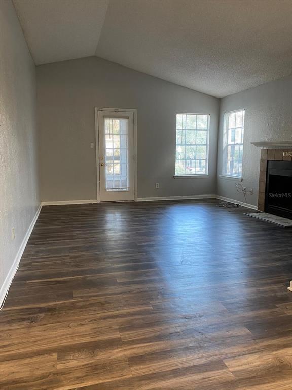 A living room features wood-look flooring, a vaulted ceiling, a glass door, and a fireplace — 4400 THORNBRIAR LANE UNIT 205, ORLANDO, FL