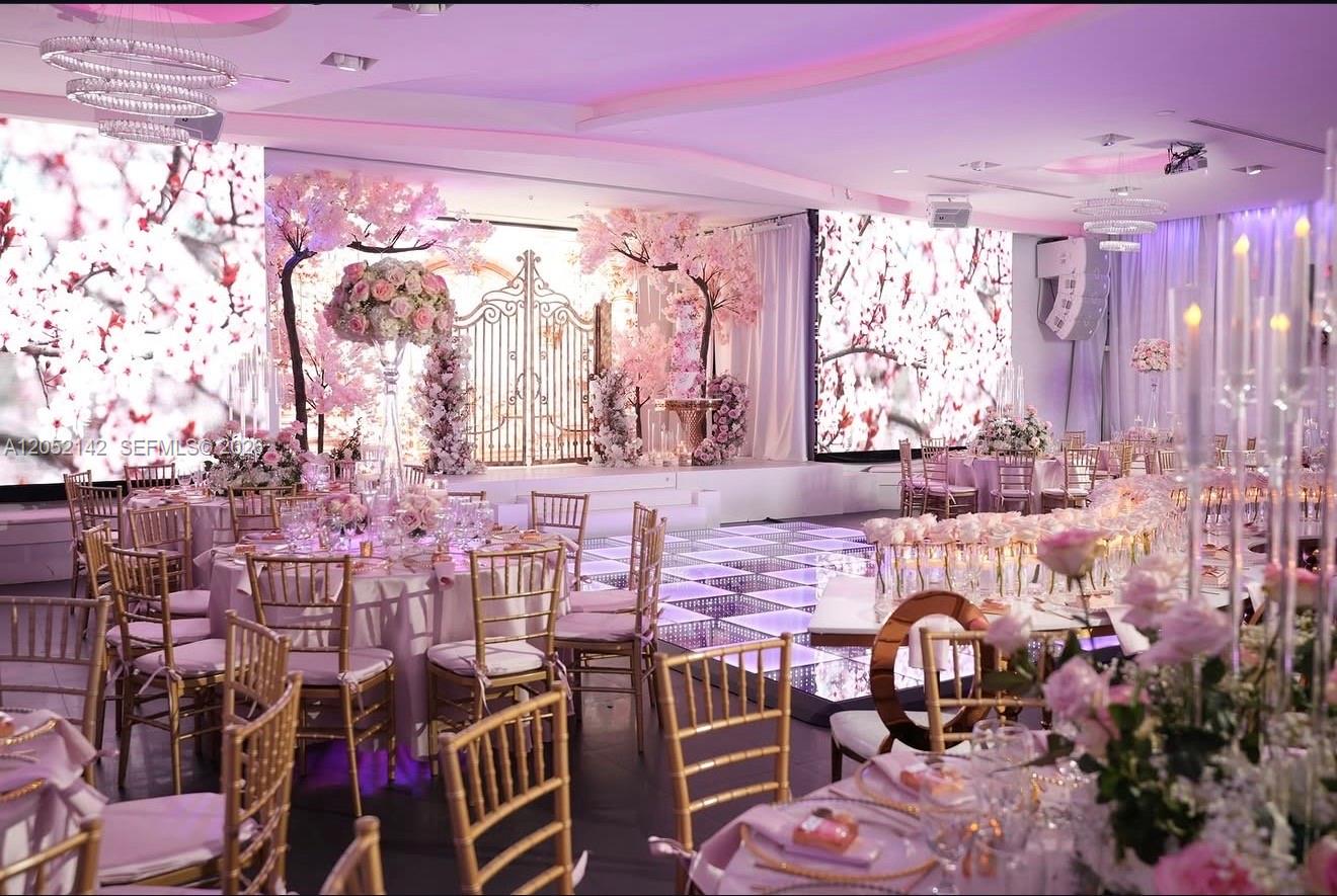 A banquet hall features round tables, gold chairs, a checkered dance floor, and floral decorations — 2717 SW 142nd Ave, Miami FL 33175, MIAMI, FL