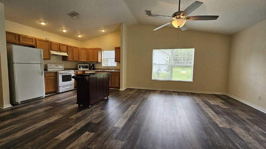 An open-concept kitchen and living area features wood-look flooring, oak cabinetry, and a ceiling fan — 6290 W OAK PARK BOULEVARD, HOMOSASSA, FL
