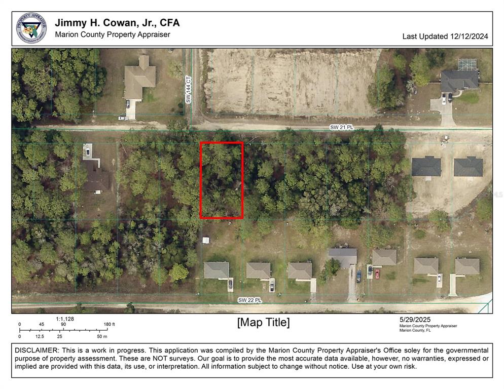 This is a property map showing a rectangular parcel of land outlined in red — 0 SW 21ST PLACE, OCALA, FL