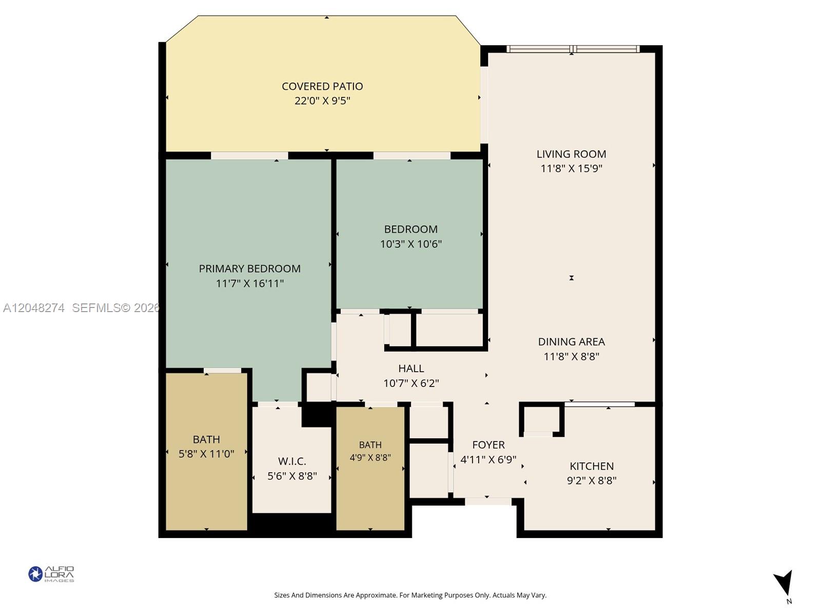 This is a floor plan for a two-bedroom apartment with a covered patio — 652 NE 63rd St # 103, Miami FL 33138, MIAMI, FL