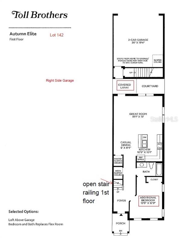 This is a floor plan for the first level of a Toll Brothers Autumn Elite home — 13877 EASDALE ALLEY, WINTER GARDEN, FL