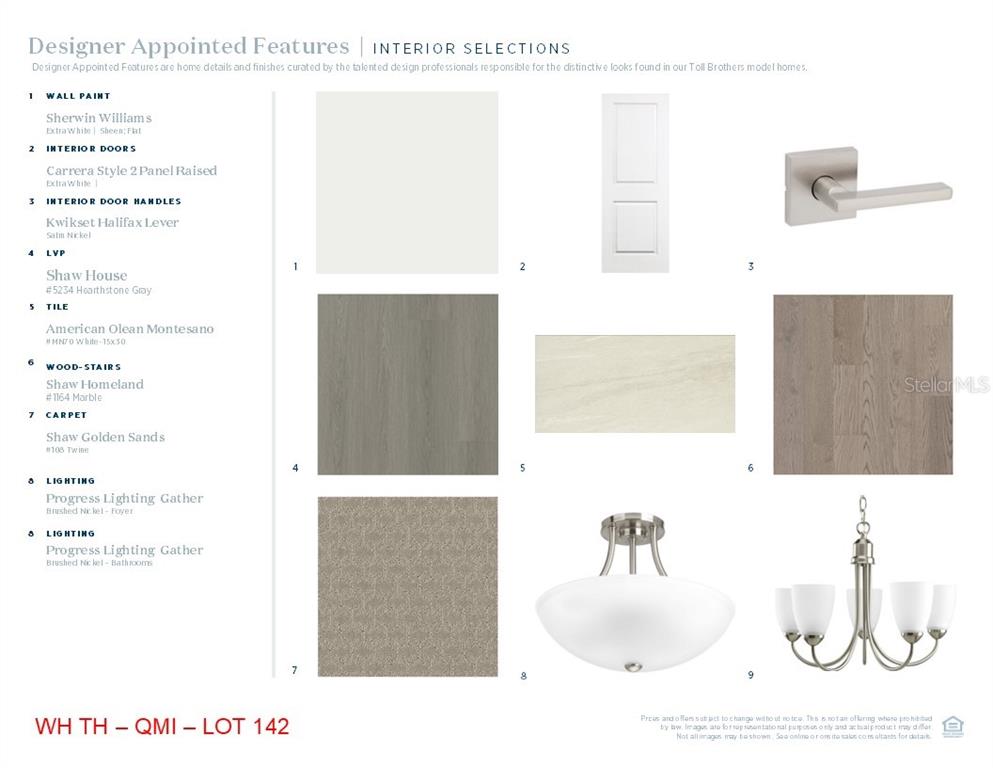 This image displays a design board featuring interior finish selections for a home — 13877 EASDALE ALLEY, WINTER GARDEN, FL