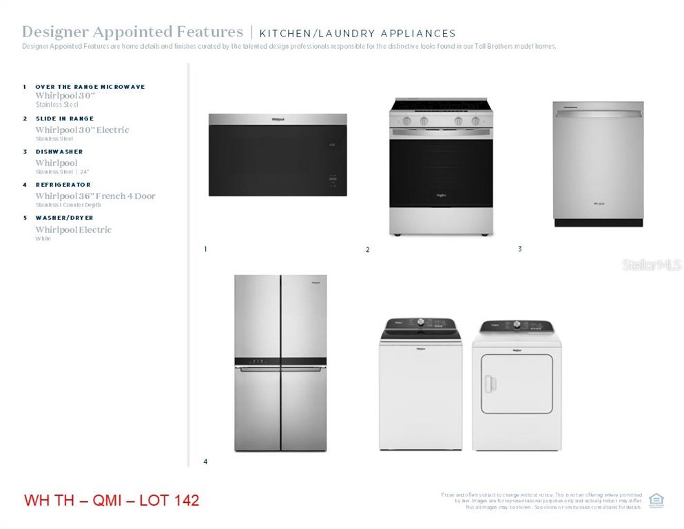 This document displays a list and images of Whirlpool kitchen and laundry appliances — 13877 EASDALE ALLEY, WINTER GARDEN, FL