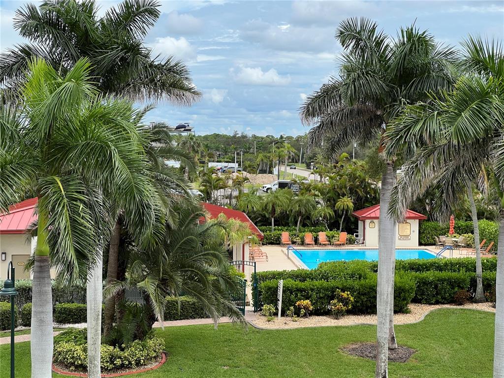 An outdoor swimming pool area is surrounded by palm trees, landscaping, and a grassy lawn — 3220 SOUTHSHORE DRIVE UNIT 22C, PUNTA GORDA, FL